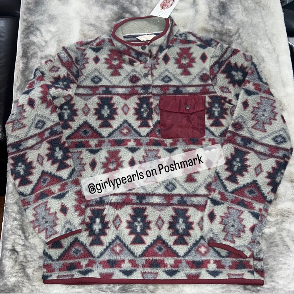 Fleece Pullover Sweatshirt Snap T Style Aztec Tribal Print NEW